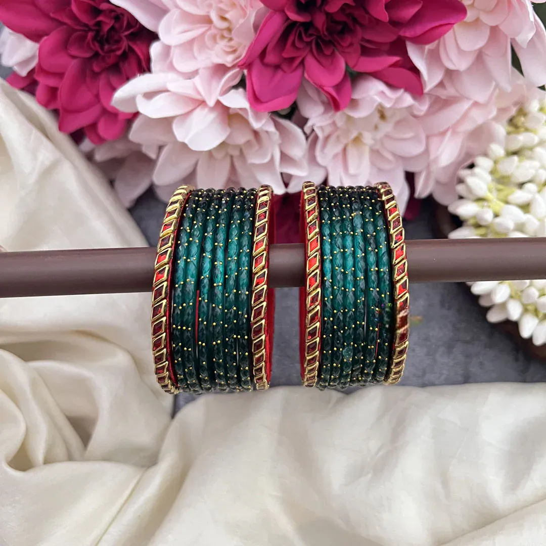 Royal Dark Green Bangles with Ruby Red Meenakari Borders